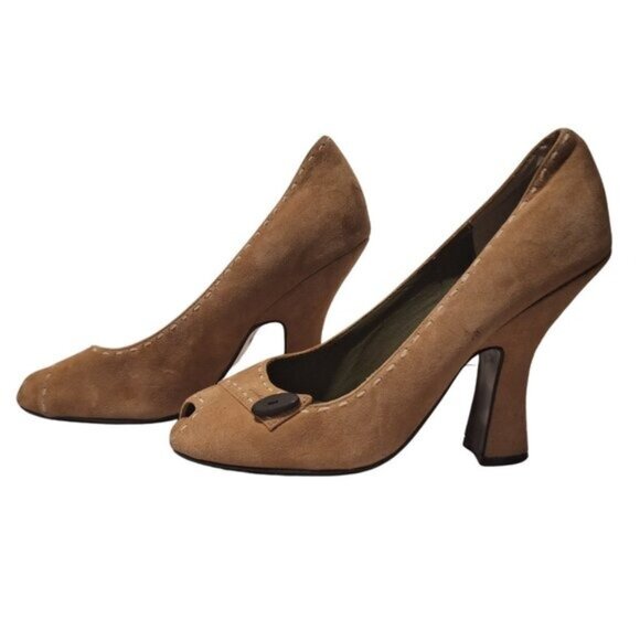 Vintage Tan Suede Peep-Toe Heels Size 7.5 Colin Stuart– 90s Office Coquette - Picture 1 of 11